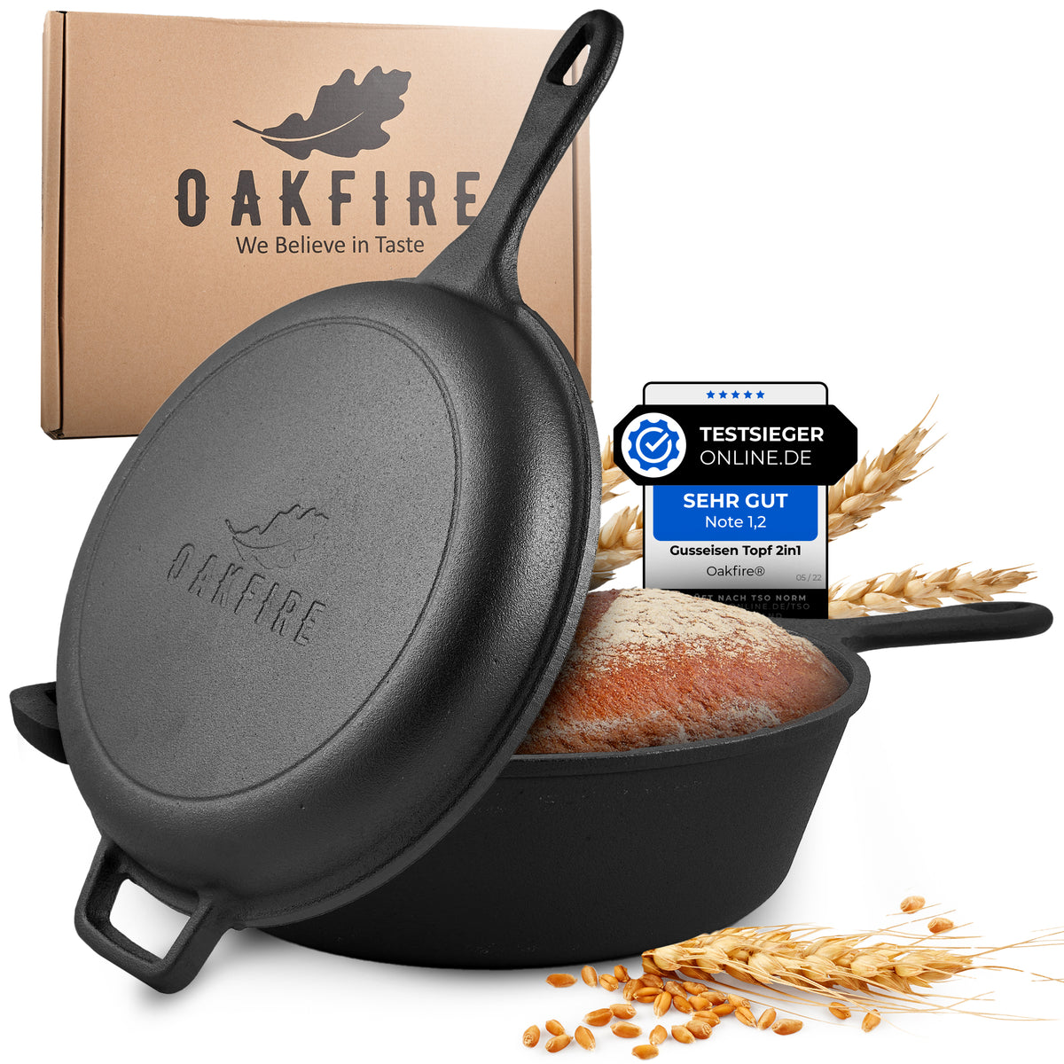 Oakfire Gusseisen Topf 2in1 mit Pfanne, Ø26cm, Casserole, mit Anti-Haft Patina, 4Elements, SpreadHeat zum Kochen, Braten, Schmoren, Brot backen, Garen - Tolle Aromaentfaltung