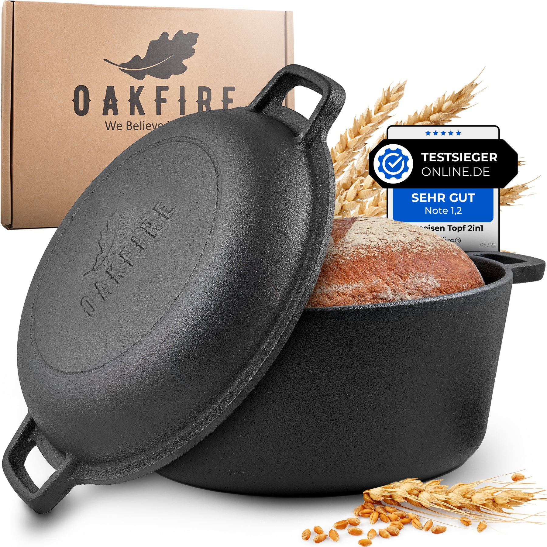 Oakfire Gusseisen Topf 2in1 mit Pfanne, Ø26cm, Casserole, mit Anti-Haft Patina, 4Elements, SpreadHeat zum Kochen, Braten, Schmoren, Brot backen, Garen - Tolle Aromaentfaltung