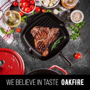 Oakfire Grillpfanne Bratpfanne Gusseisen emailliert 30 cm Induktion Pfanne gusseisern mit Non-Stick Patina, Emaille, rot oder schwarz