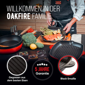 Oakfire Grillpfanne Bratpfanne Gusseisen emailliert 30 cm Induktion Pfanne gusseisern mit Non-Stick Patina, Emaille, rot oder schwarz