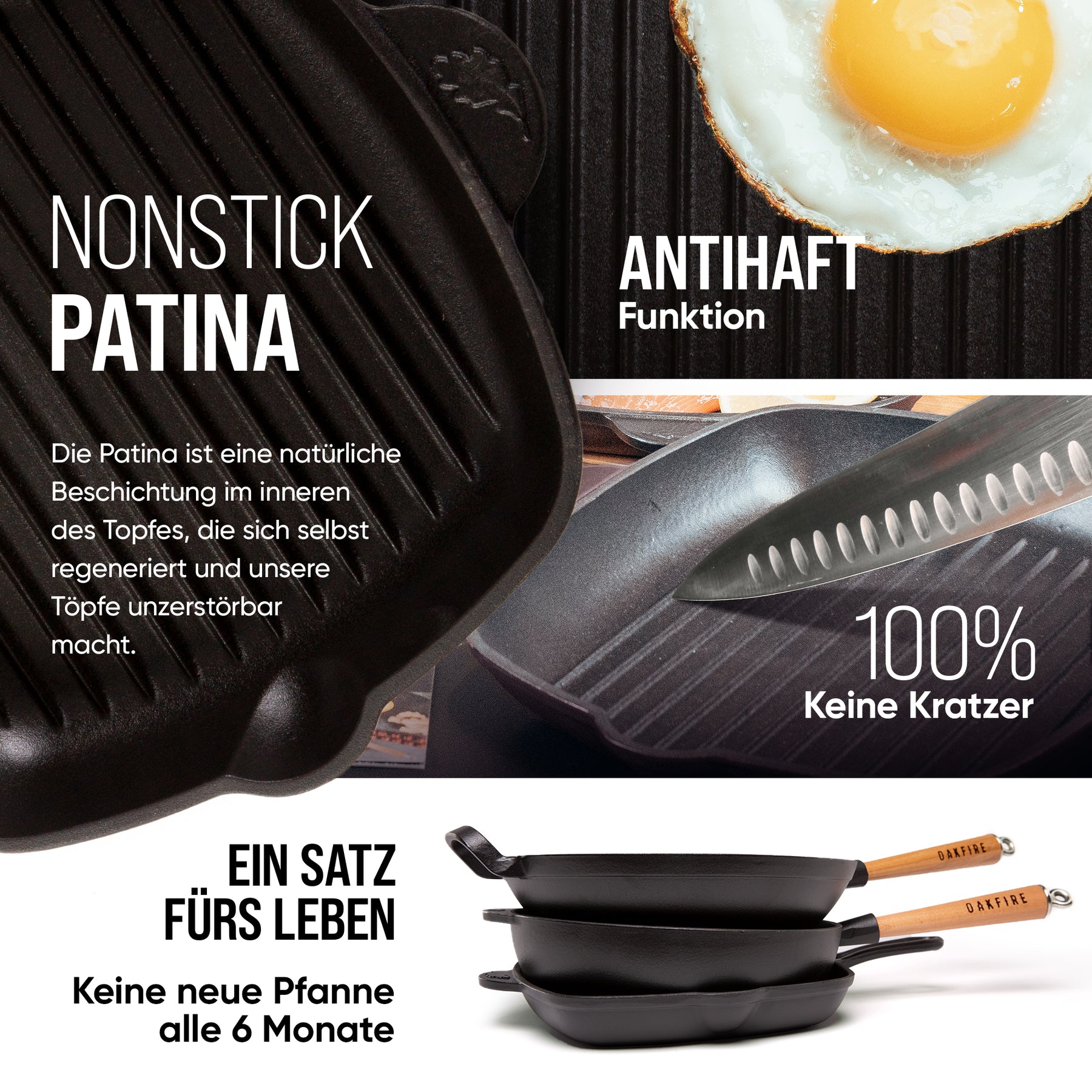 Oakfire Grillpfanne Bratpfanne Gusseisen emailliert 30 cm Induktion Pfanne gusseisern mit Non-Stick Patina, Emaille, rot oder schwarz